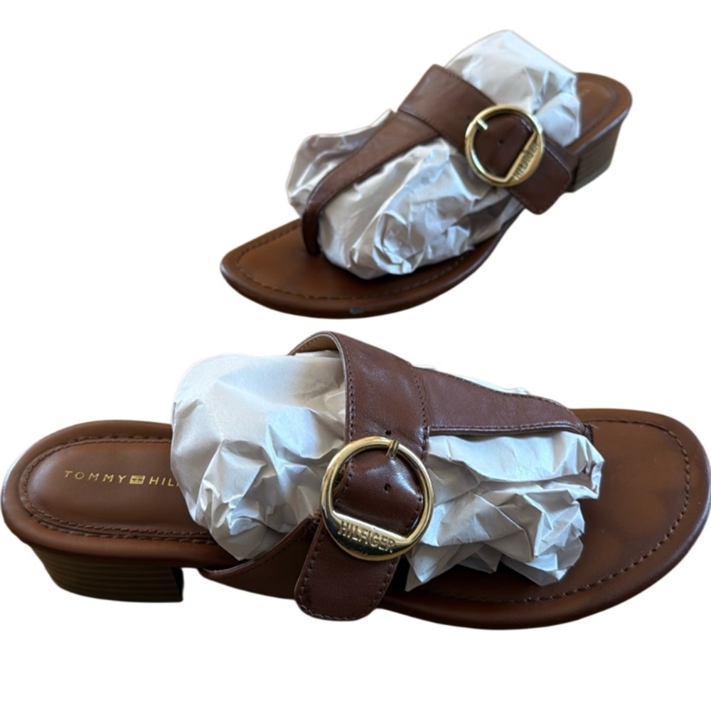 TOMMY HILFIGER WOMENS LEATHER CHAPPAL SANDALS T STRAPS SIDE BUCKLE THONGS SIZE 8